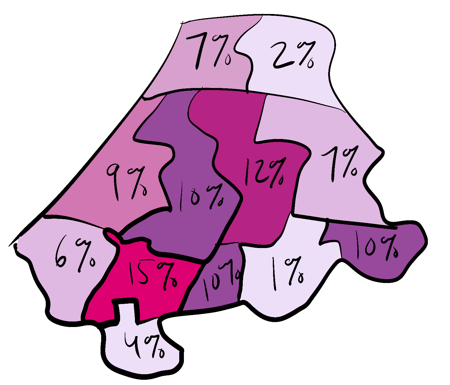 Sketch of a hypothetical choropleth map showing different census tracts in different shades of pink depending on the percentage.